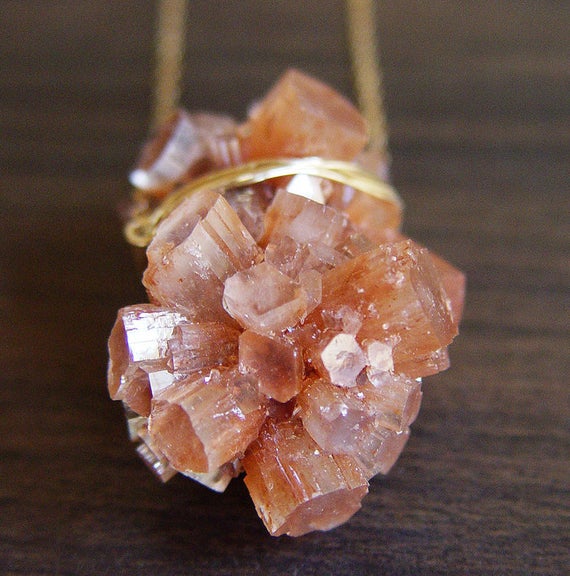 Peach Aragonite Gold Necklace  -  Crystal Mineral Stone