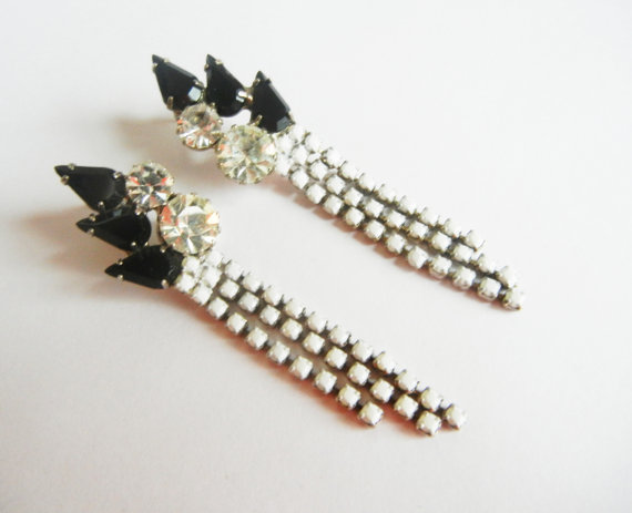 Vintage 1950s One Of A Kind Hand Painted White and Black Rhinestone Dangle Earrings by Love Obsessed