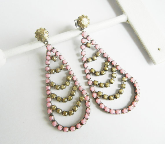 Beautiful Vintage 1950s One Of A Kind Hand Painted Pale Pink and Metallic Rhinestone Earrings