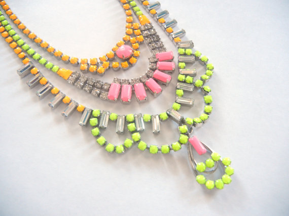 Vintage 1950s One Of A Kind Hand Painted 3 Strand Bold Neon Yellow Pink and Orange Rhinestone Necklace - Made To Order