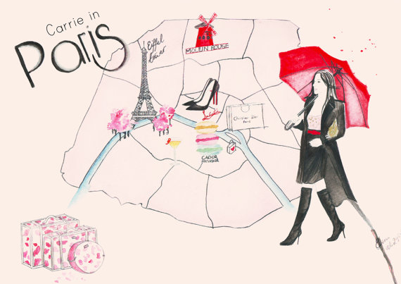 Watercolour fashion illustration Titled Carrie in Paris