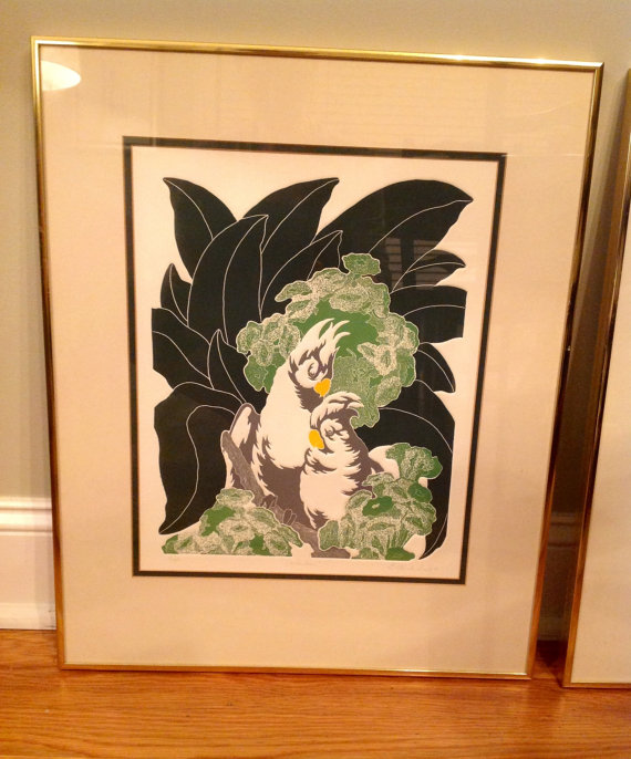 Gorgeous Framed Vintage G.Clark Sealy Etchings of Toucan & Cockatoo