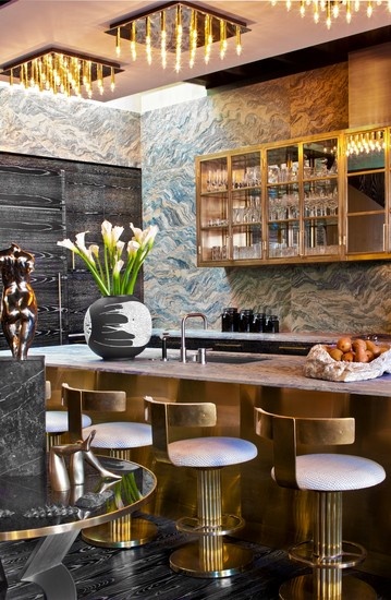 fab bar by Kelly Wearstler,  photo by Grey Crawford/ brass upper cabinets and stools