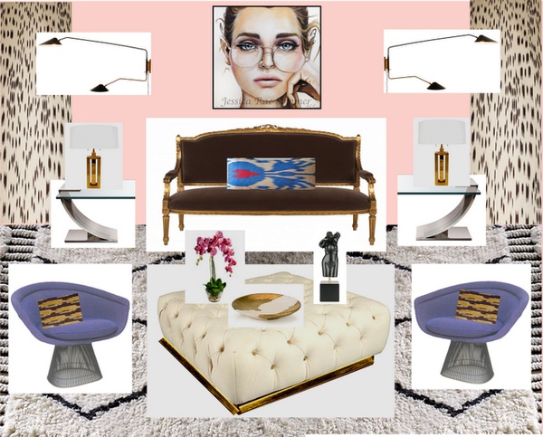 living room, pink walls, les touches curtains, platner chairs, DIY gold leaf ottoman, west elm rug