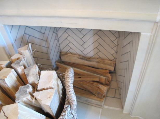 herringbone fireplace brick one room challenge